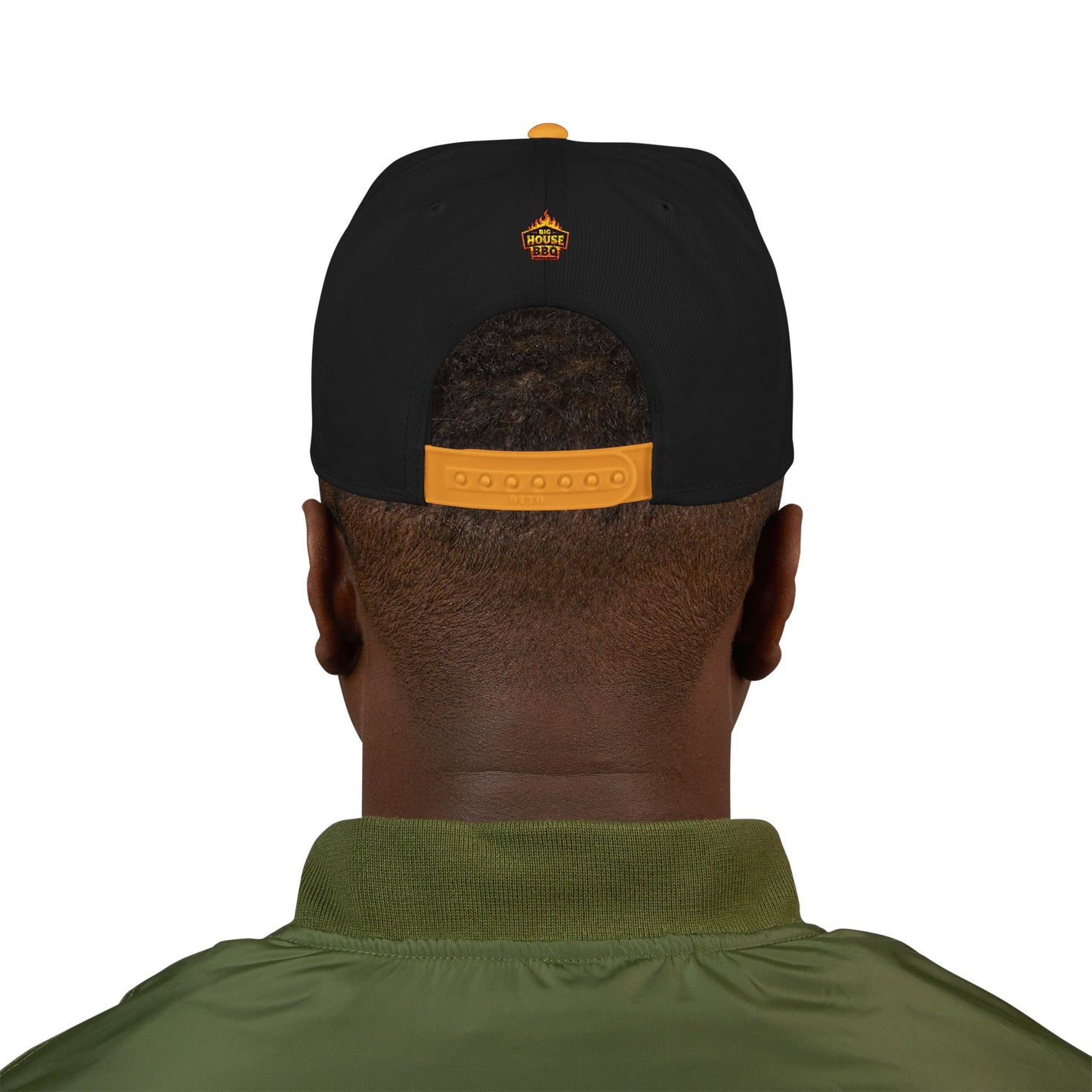 Embroidered Orange Mascot Snapback Hat — Retro Sports Logo Cap