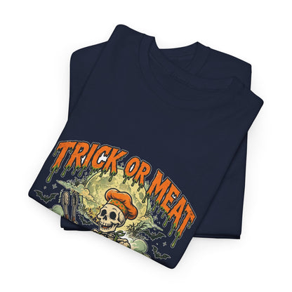 Trick or Meat Tee — Funny Halloween BBQ Skeleton T-Shirt
