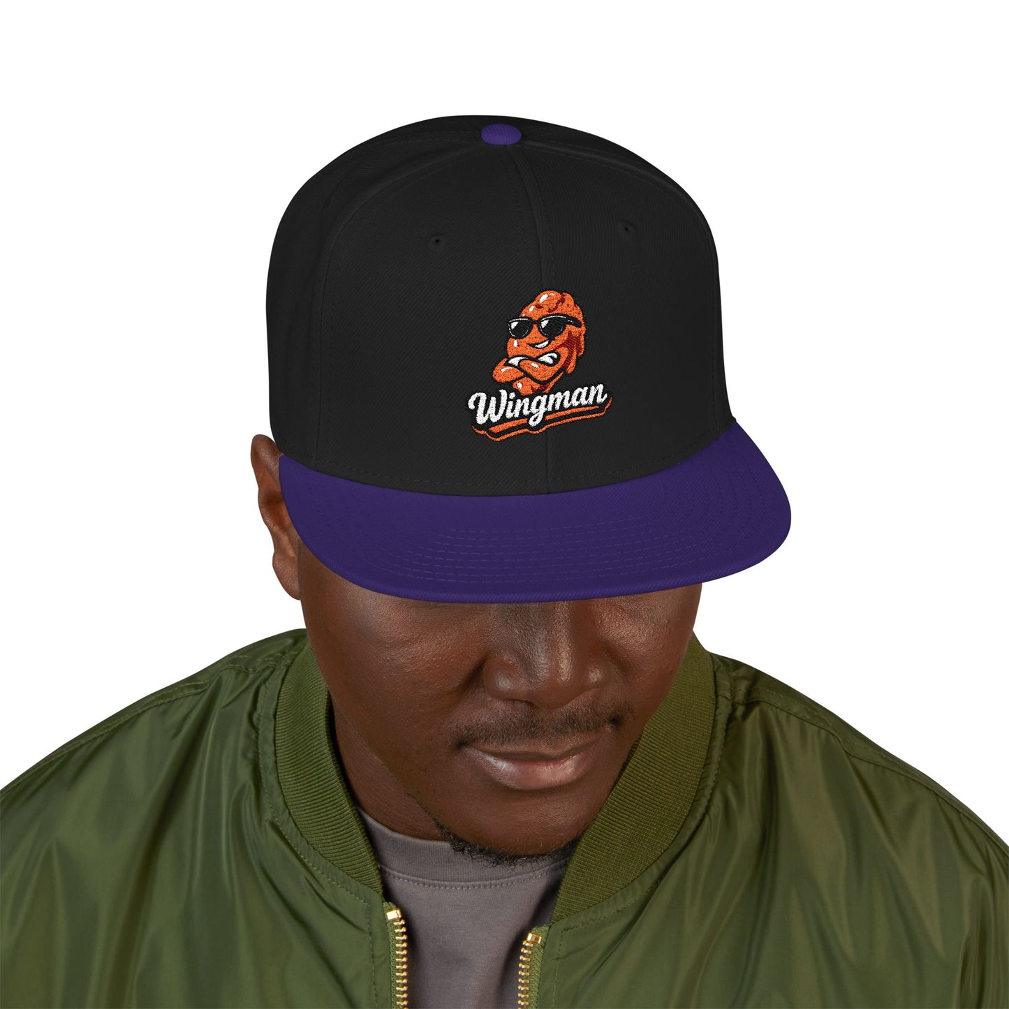 Embroidered Orange Mascot Snapback Hat — Retro Sports Logo Cap