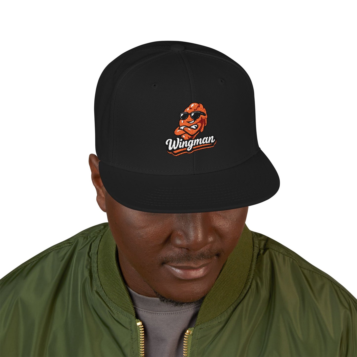 Embroidered Orange Mascot Snapback Hat — Retro Sports Logo Cap
