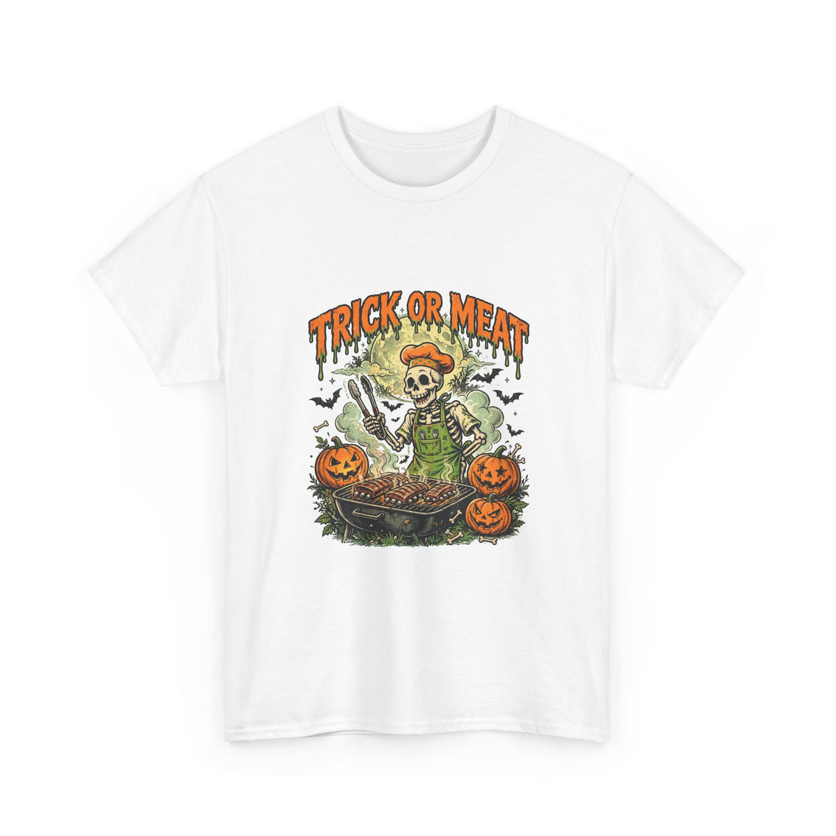 Trick or Meat Tee — Funny Halloween BBQ Skeleton T-Shirt