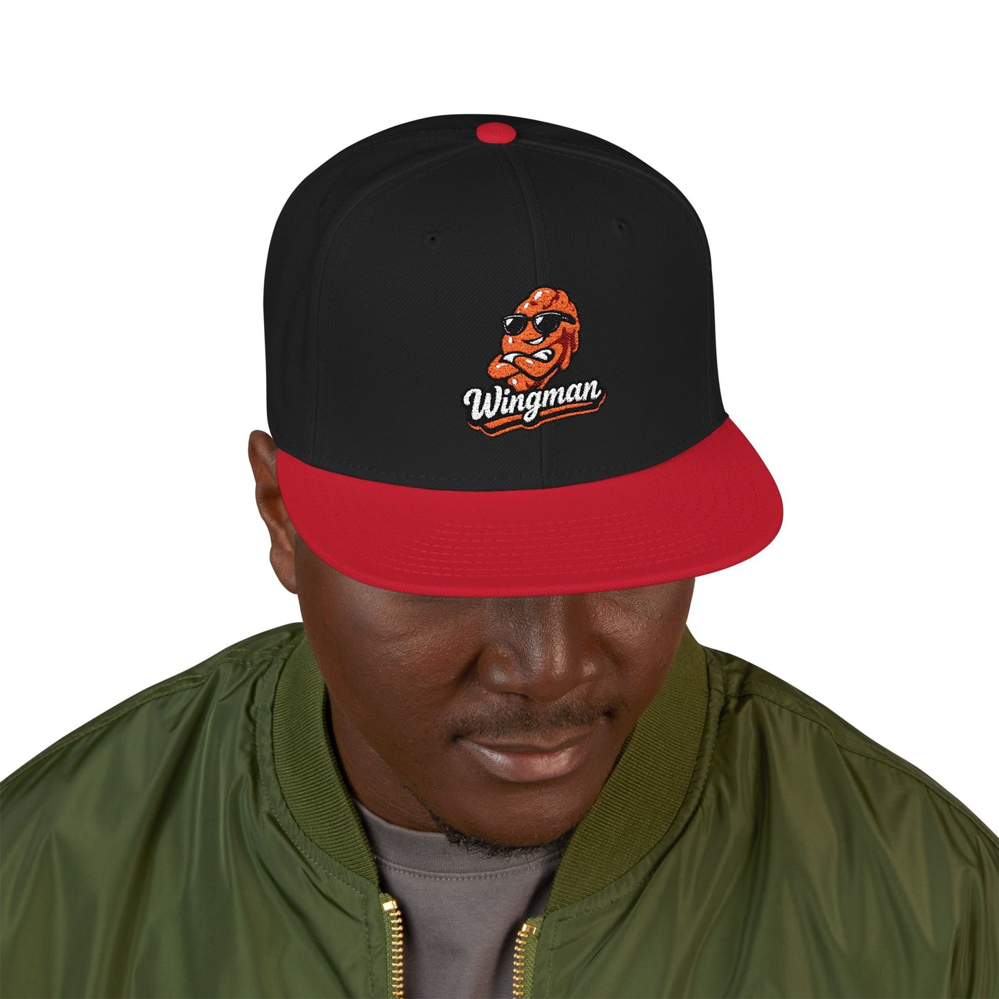 Embroidered Orange Mascot Snapback Hat — Retro Sports Logo Cap