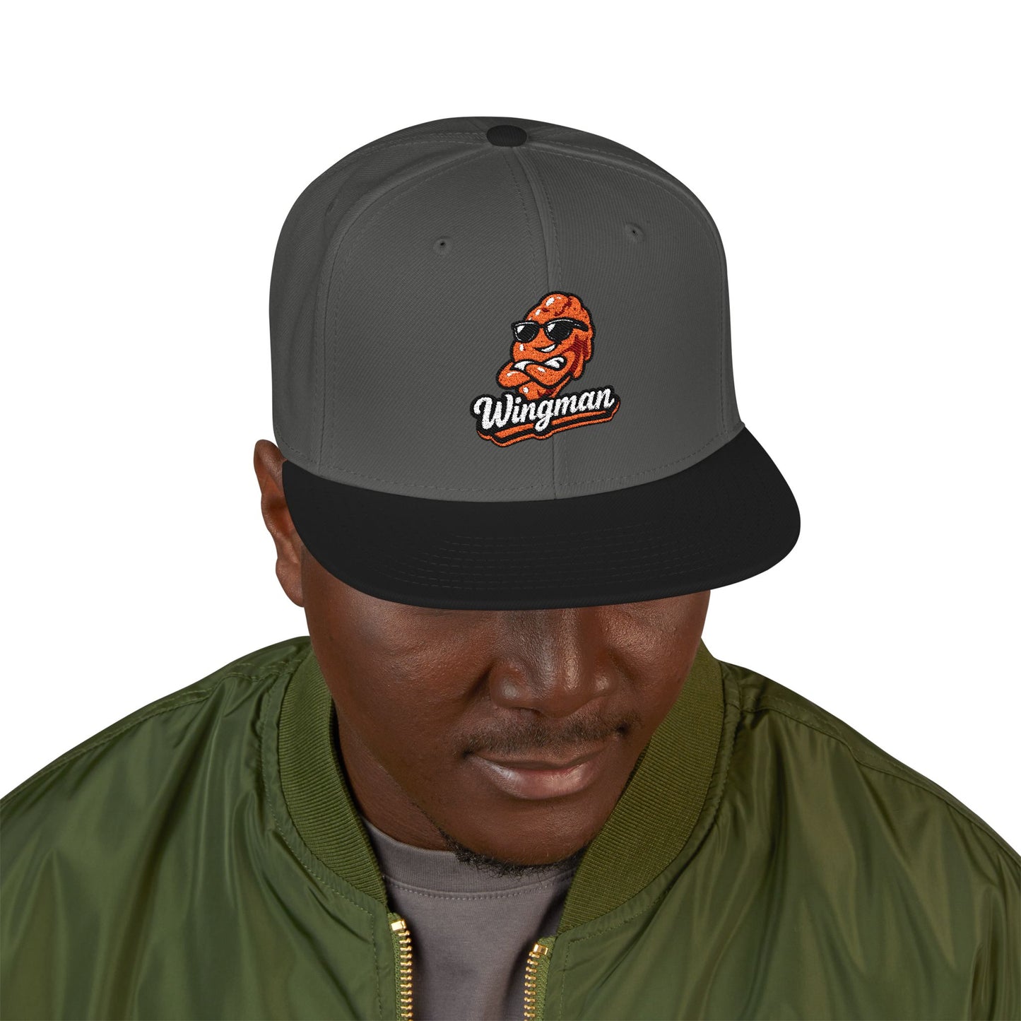 Embroidered Orange Mascot Snapback Hat — Retro Sports Logo Cap