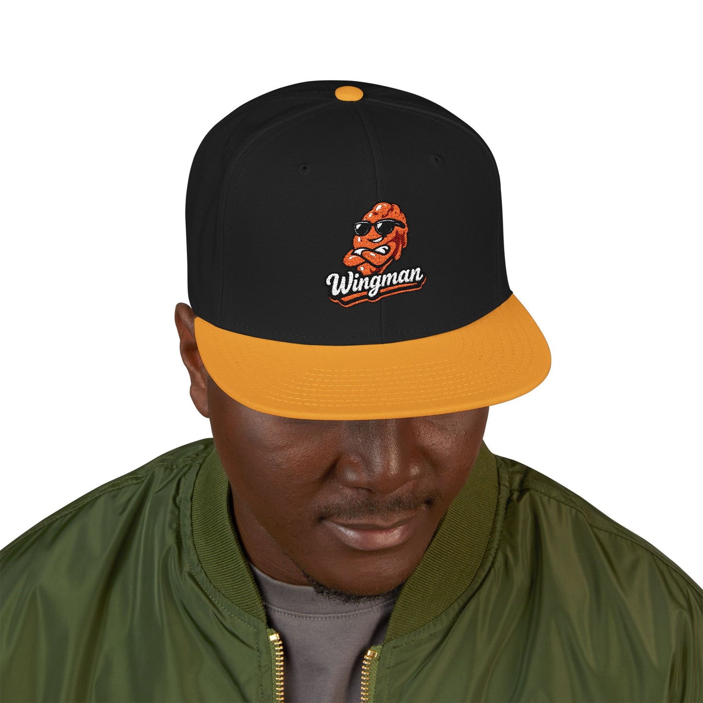 Embroidered Orange Mascot Snapback Hat — Retro Sports Logo Cap