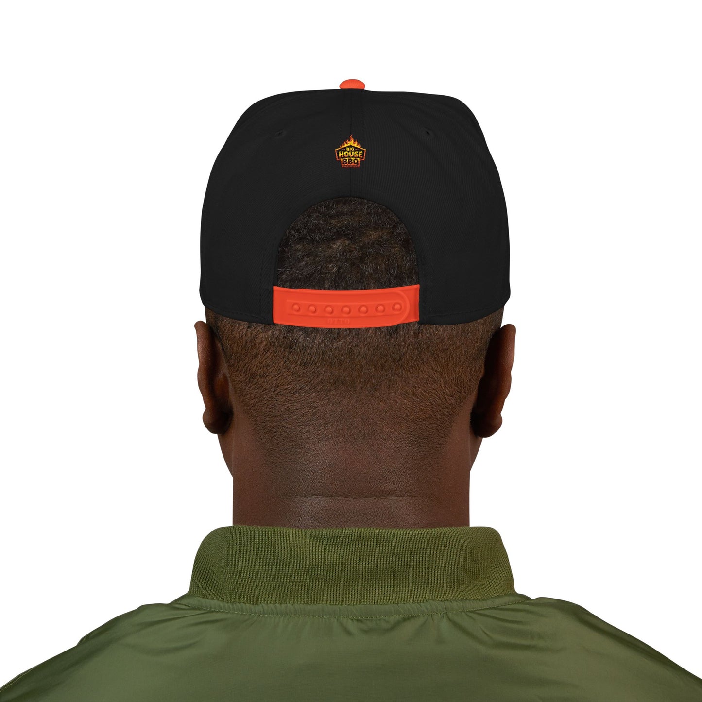 Embroidered Orange Mascot Snapback Hat — Retro Sports Logo Cap
