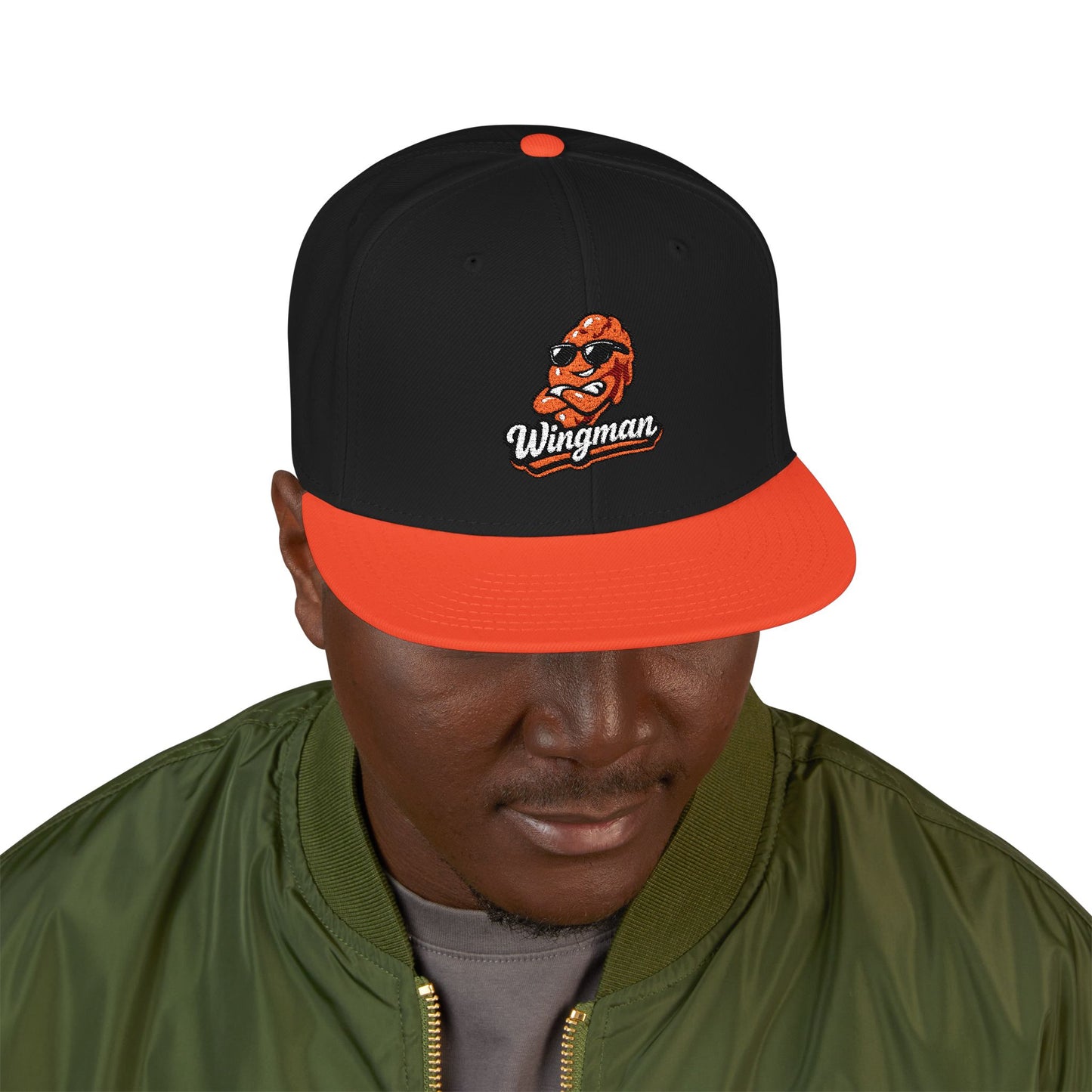 Embroidered Orange Mascot Snapback Hat — Retro Sports Logo Cap