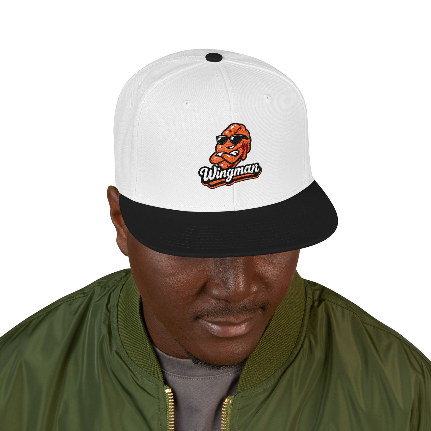 Embroidered Orange Mascot Snapback Hat — Retro Sports Logo Cap