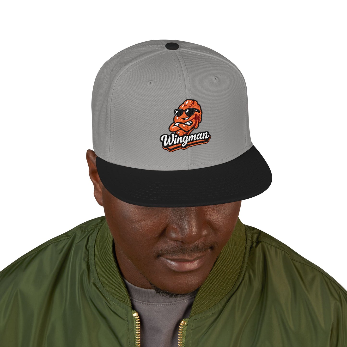 Embroidered Orange Mascot Snapback Hat — Retro Sports Logo Cap