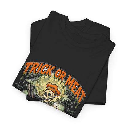 Trick or Meat Tee — Funny Halloween BBQ Skeleton T-Shirt
