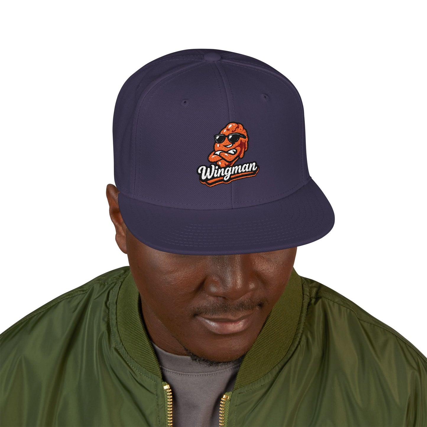 Embroidered Orange Mascot Snapback Hat — Retro Sports Logo Cap