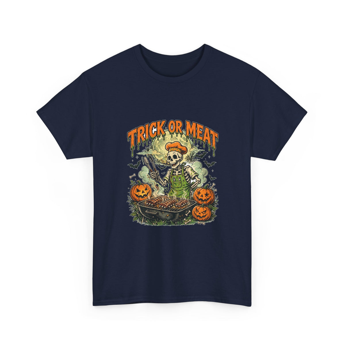 Trick or Meat Tee — Funny Halloween BBQ Skeleton T-Shirt