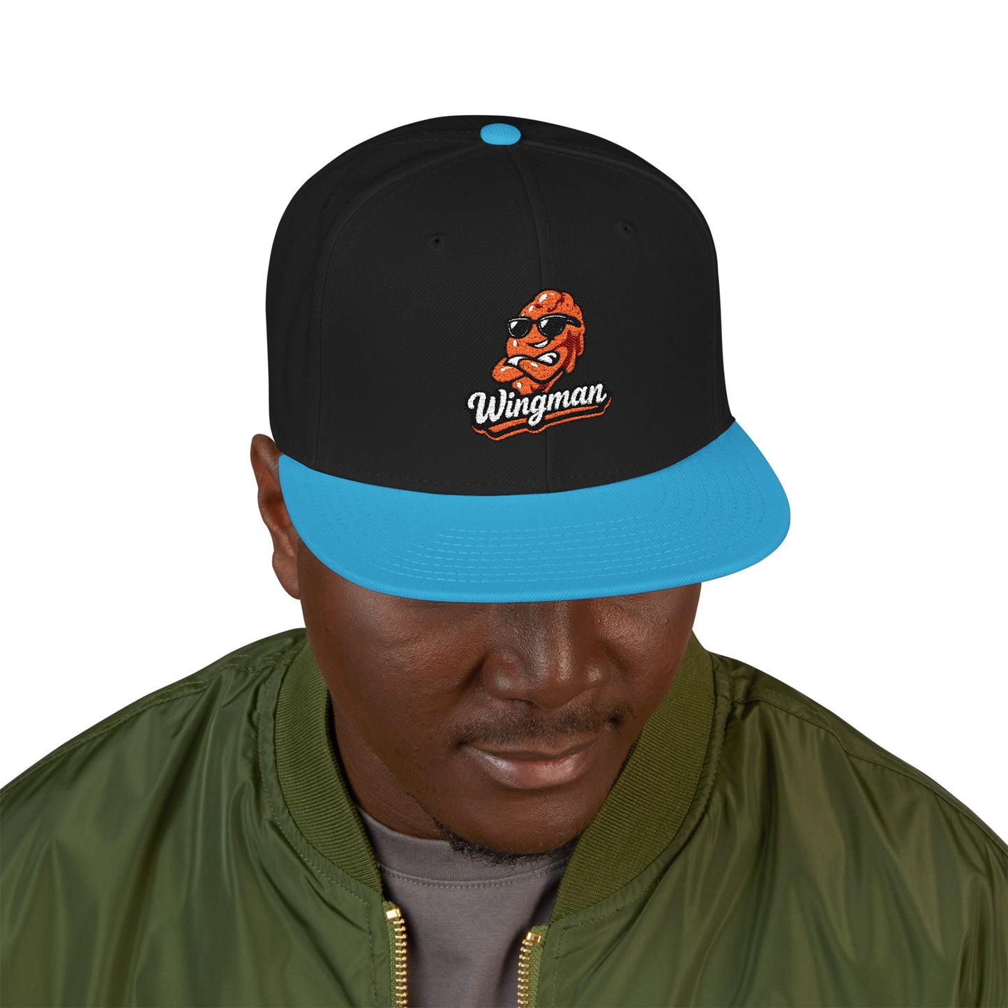 Embroidered Orange Mascot Snapback Hat — Retro Sports Logo Cap