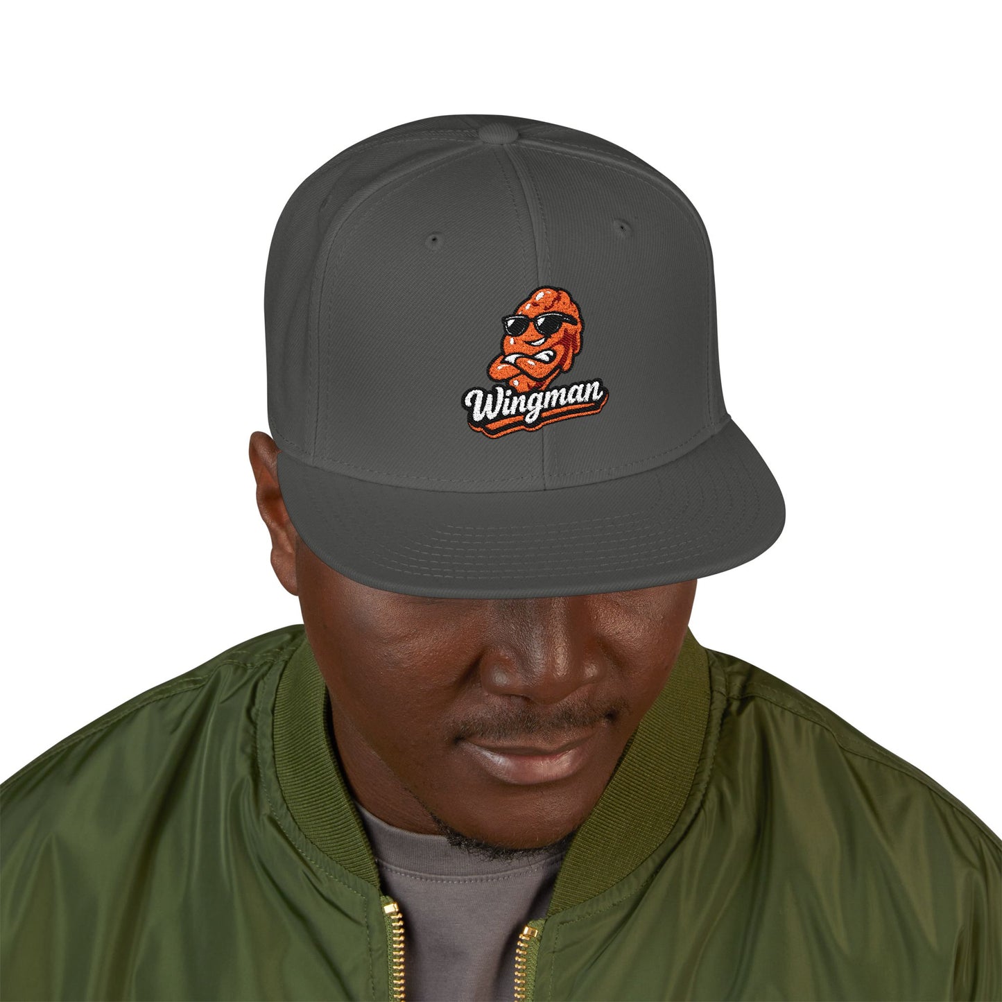 Embroidered Orange Mascot Snapback Hat — Retro Sports Logo Cap
