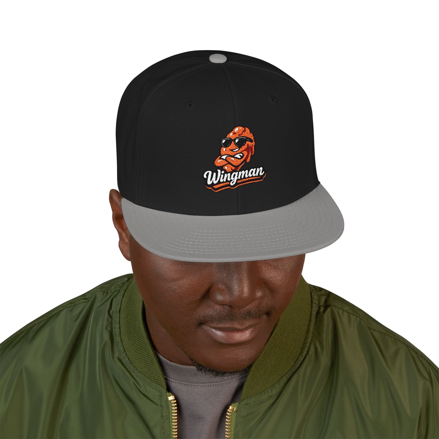Embroidered Orange Mascot Snapback Hat — Retro Sports Logo Cap
