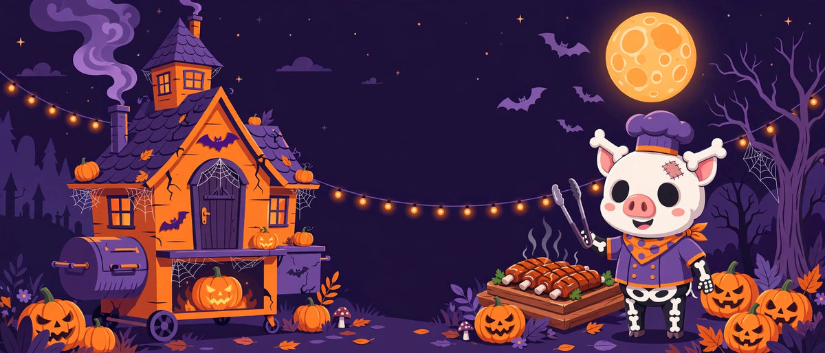 Halloween haunted smoker house with skeleton pig chef